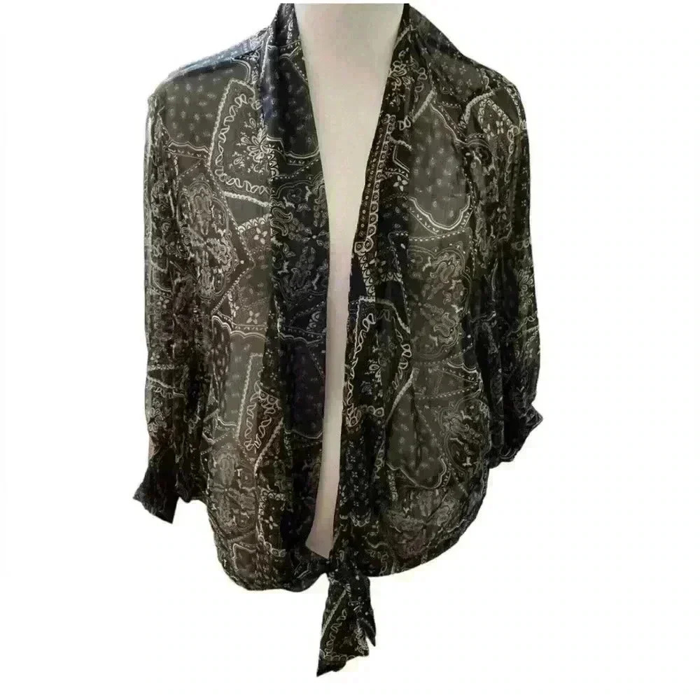 Women’s Vintage Free People All Tous Black/Tan Sheer Wrap Blouse Medium